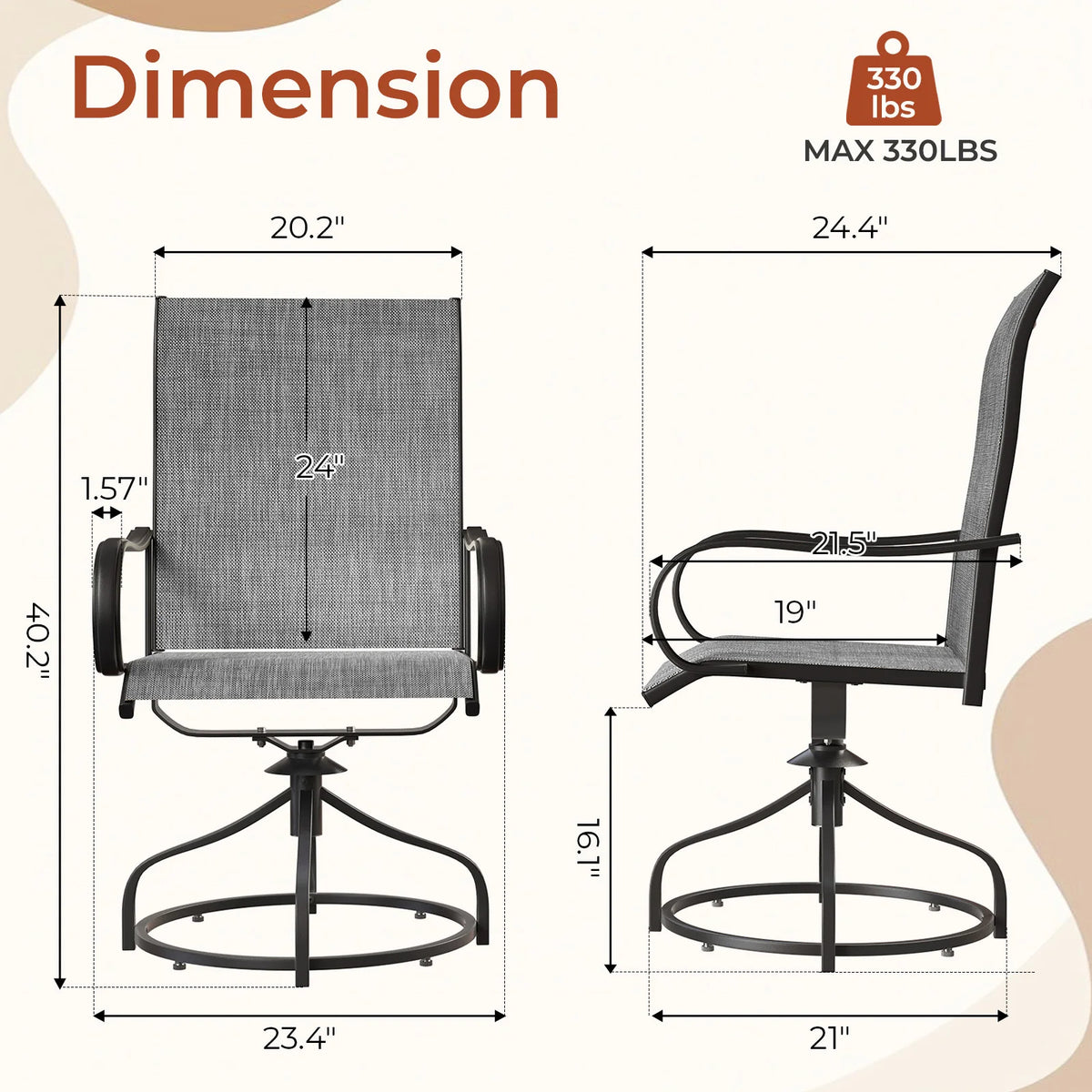 Patio Swivel Dining Chairs Set of 2, Outdoor Chair with Textilene Mesh Fabric & Black Metal Frame for All Weather Outdoor Garden