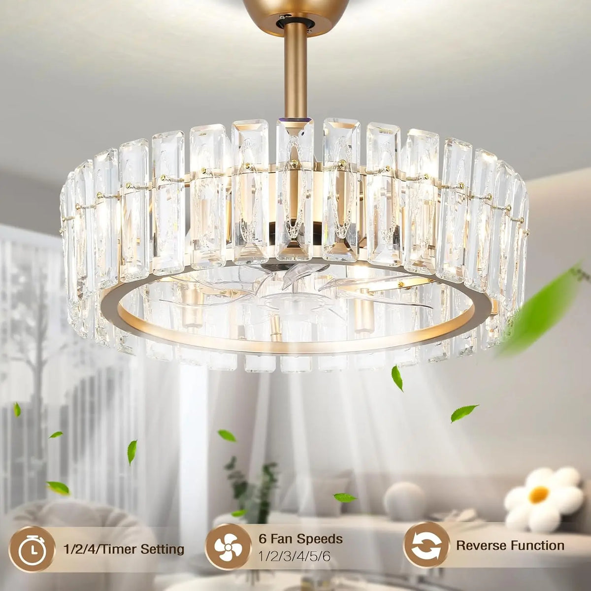 20.7" Modern Crystal Ceiling Fan with Light and Remote,Low Profile Flush Mount Ceiling Fan Gold Chandelier Ceiling Fans 6 Speeds