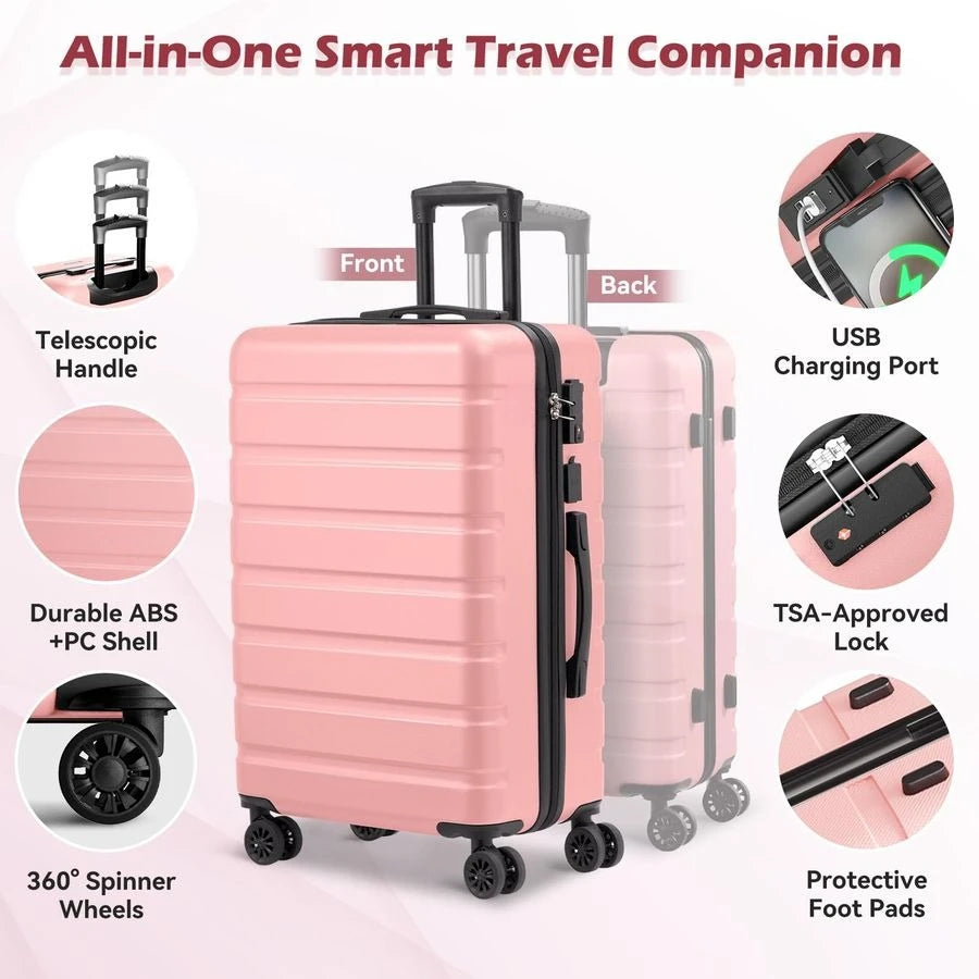 On Luggage 21 Hardside PC ABS Lightweight USB Suitcase with Wheels TSA Lock for kids Pink