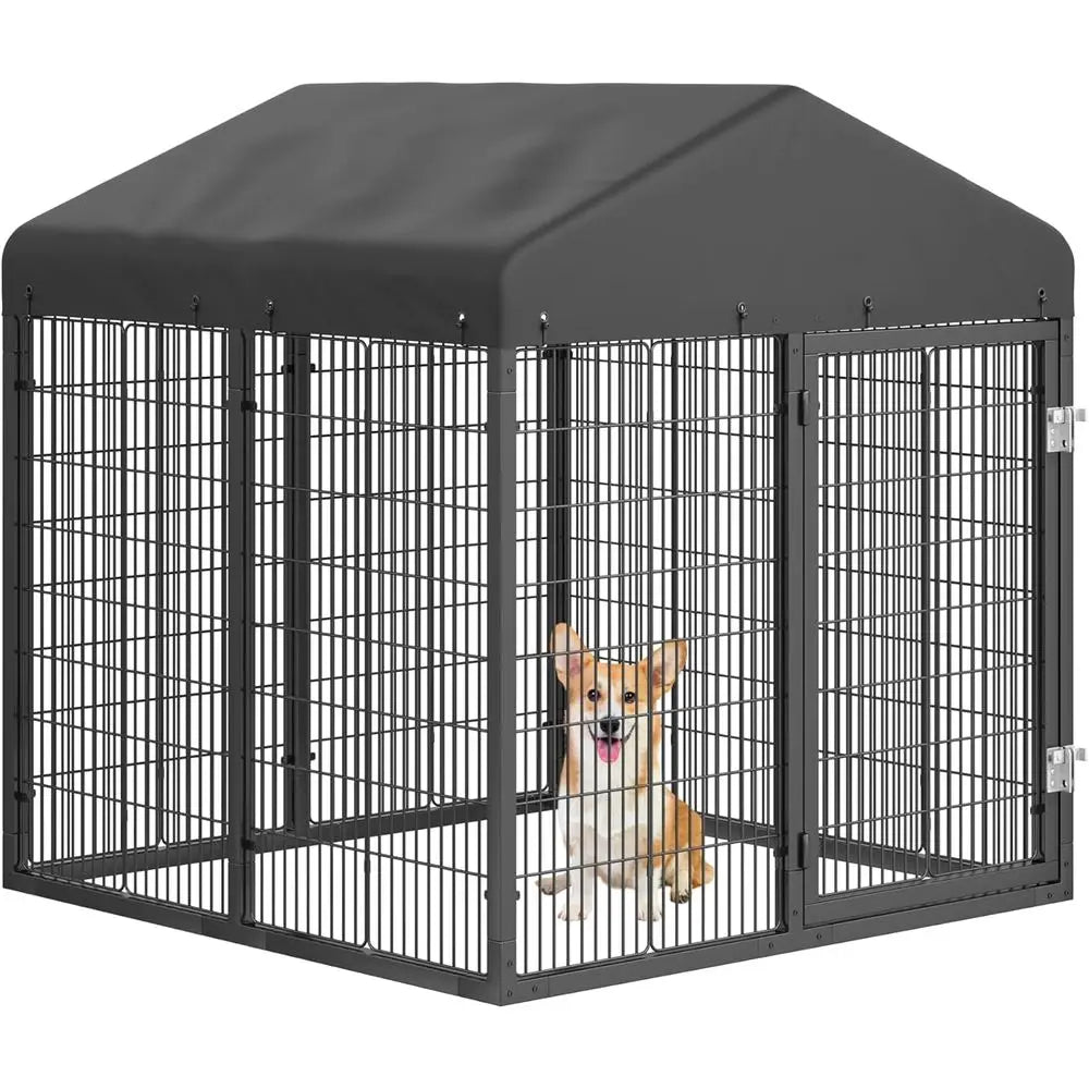 Sturdy Outdoor Dog Cage with Roof, Heavy-Duty Galvanized Steel Kennel with Double Safety Locks (4.5ft x 4ft x 4.2ft)