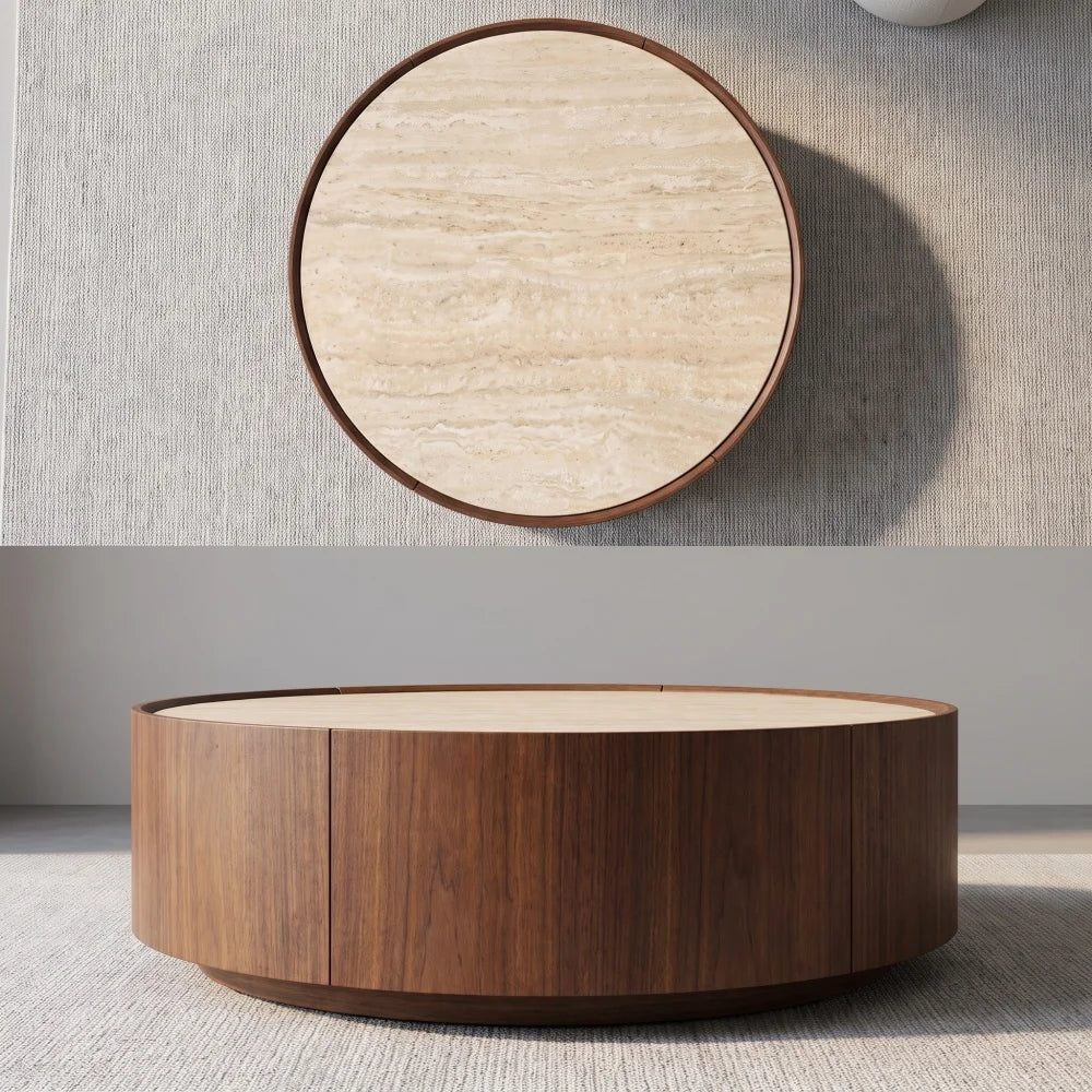 Round Coffee Table, with A Sintered Stone Top Featuring Inlaid Details and Natural Walnut Veneer, Incorporating Storage Space