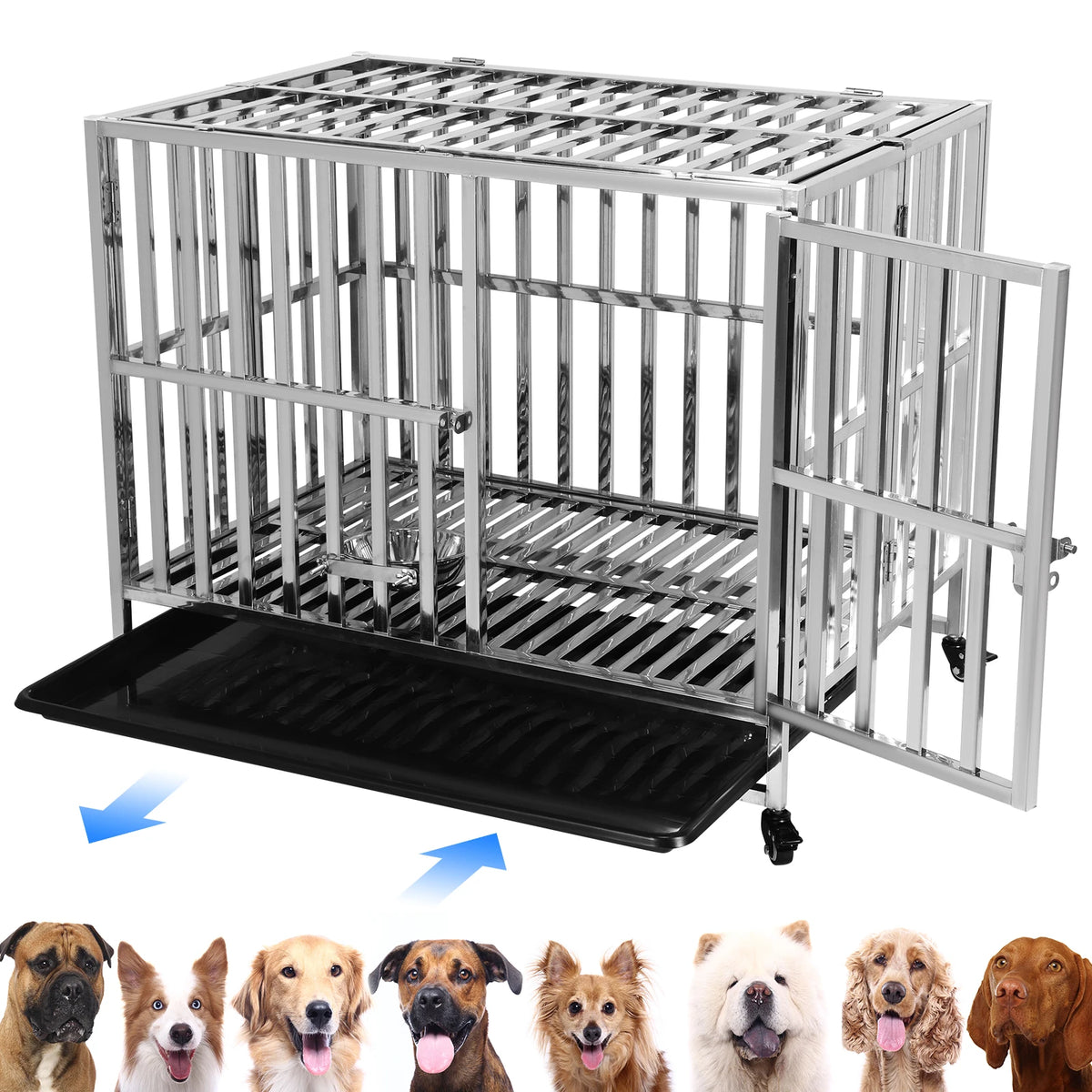 37in Steel Tube Foldable Dog Cage Crate with Four Wheels Strong Metal Pet Kennel Cage Double Doors with Roof Removable Tray