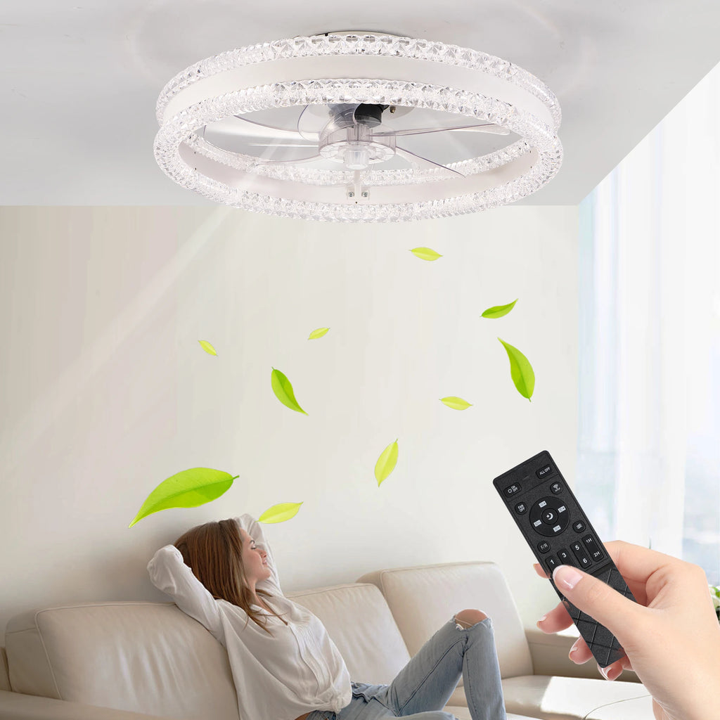 20" Luxury Double Ring LED Ceiling Fan with Light,Modern Flush Mount Design, Dimmable Lighting , Low Profile Silent Fan(White)