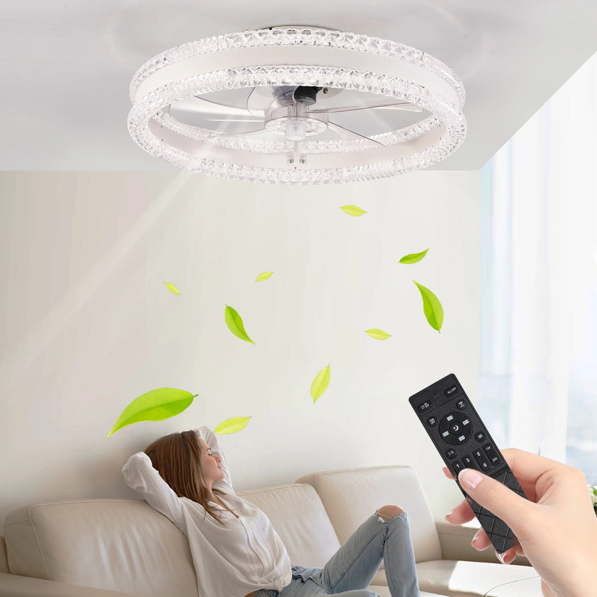 20" Luxury Double Ring LED Ceiling Fan with Light,Modern Flush Mount Design, Dimmable Lighting , Low Profile Silent Fan(White)