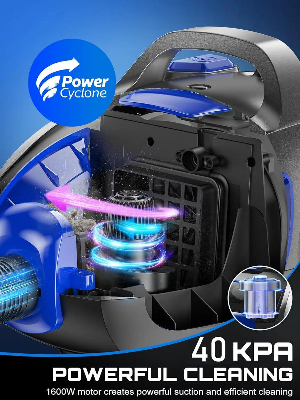 40Kpa 1600W Bagless Canister Vacuum Cleaner, 3.7QT Dust Cup for Hard Floors, Carpets, Pet Hair