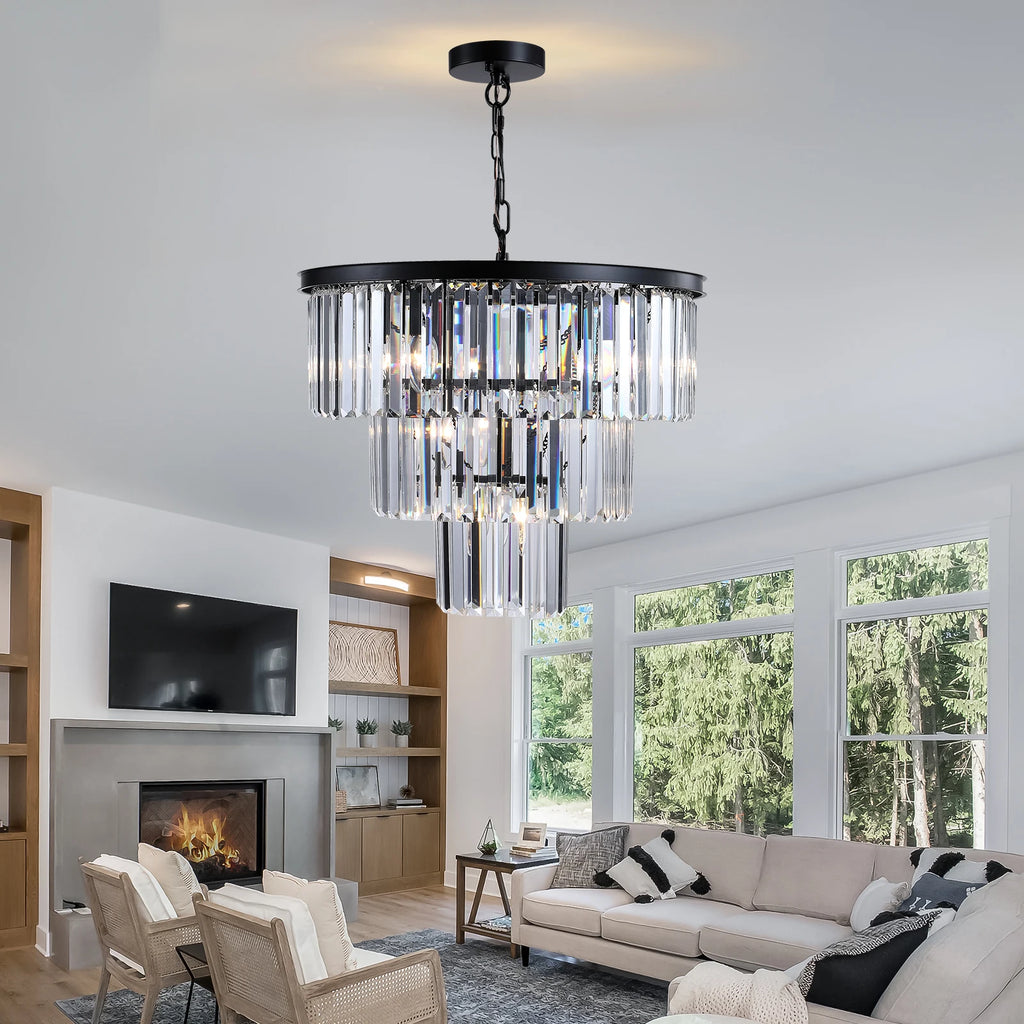 Multi-Finish 3-Tier K9 Crystal Chandelier - 20 Inch  Metal Frame Light, Black  Adjustable Height Rust-Resistant Fixtur