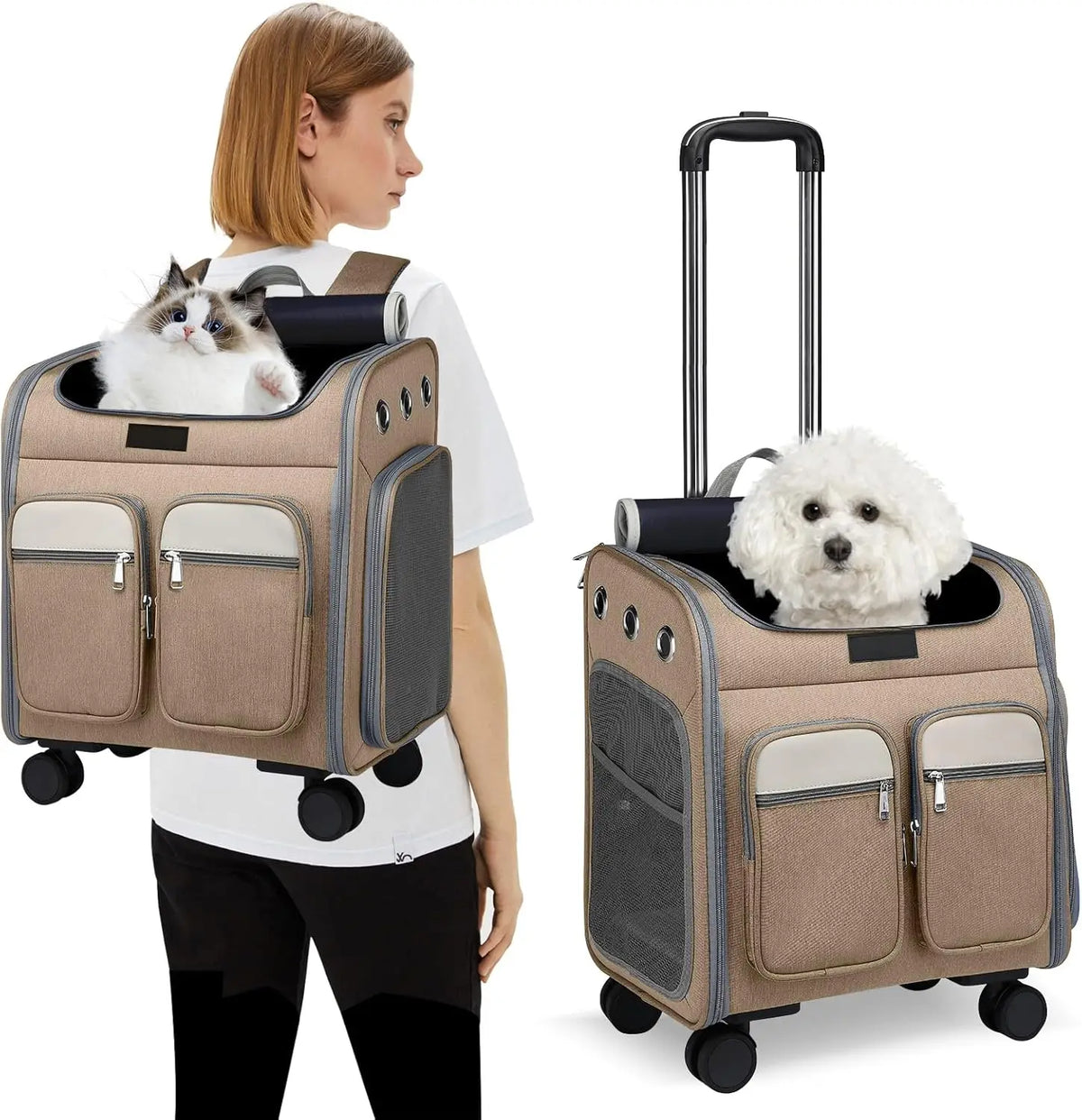 Foldable Pet Carrier Backpack with Wheels for Small Dogs and Cats up to 24lbs, Airline Approved with Storage Pockets