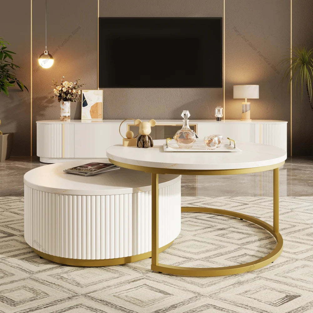 31.5'' Modern Round Fluted Nesting Coffee Table with Storage Drawer, White & Gold Accent Side Table for Living Room Home Decor