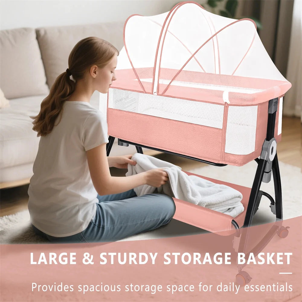Baby Bassinet, HDJ Baby Bedside Sleeper Bassinet with 360° Wheel, Portable Infant Bed Side Crib for 0-6 Months, Pink