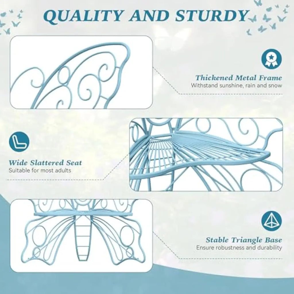 49 Inch Garden Butterfly Bench Featuring Powder-Coated Iron Frame for Outdoor Durability and Indoor Versatility in Vibrant Blue