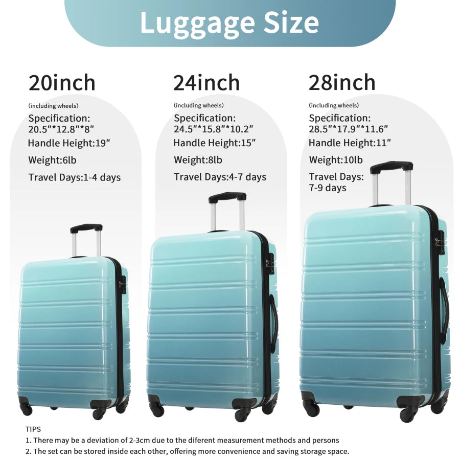 Hardshell Luggage Sets 3 Piece for Travel, Polycarbonate, Gradient Blue, Expandable with Spinner Wheels and TSA Lock, Lightweig