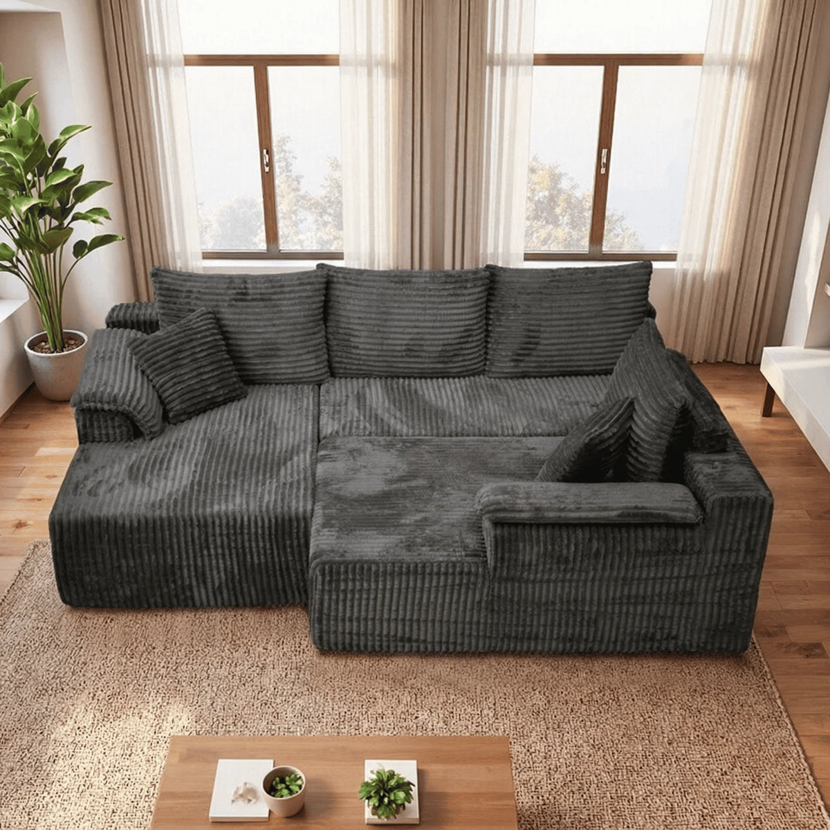 128" Boneless Modular Sectional Cloud Sofa, U-Shaped Double Chaise, Deep Seat, with 8 Free Throw Pillows for Living Room