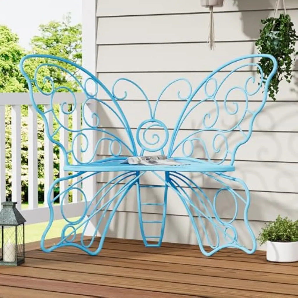 49 Inch Garden Butterfly Bench Featuring Powder-Coated Iron Frame for Outdoor Durability and Indoor Versatility in Vibrant Blue