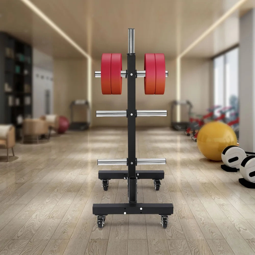 Movable Weight Plate Dumbbell Rack Storage Tree 57inch 1100lbs Capacity Heavy Duty Weight Plate Holder with 4 Universal Wheels