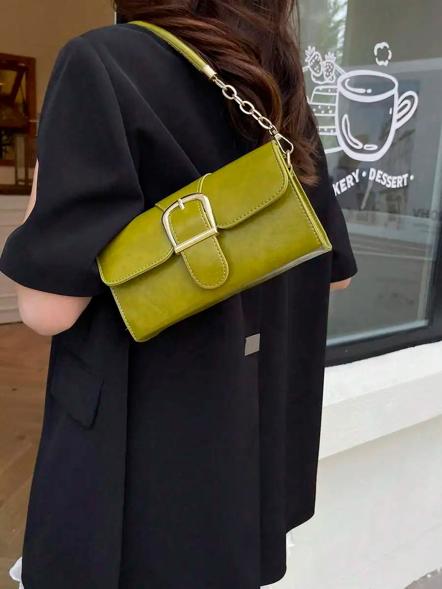 New Fashion Small Square Bag, Lock Closure Shoulder Crossbody Bag, Women Casual Commuter Underarm Versatile Handbag, Green