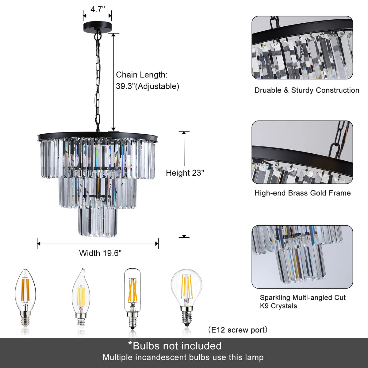 Multi-Finish 3-Tier K9 Crystal Chandelier - 20 Inch  Metal Frame Light, Black  Adjustable Height Rust-Resistant Fixtur
