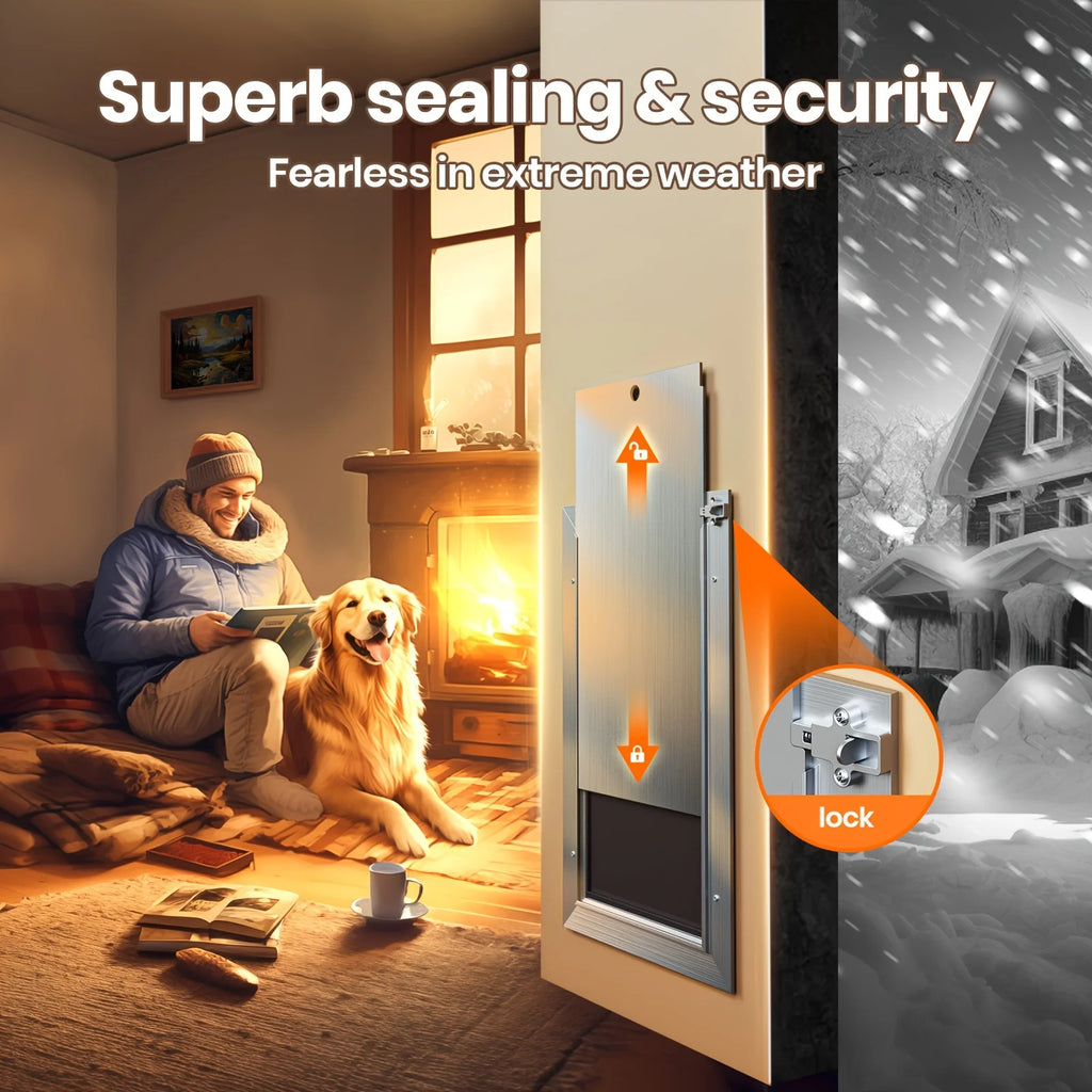 Heavy-Duty All-Aluminum Dog Door for Wall Suitable for Pets Up to 110 Lbs, Magnetic Sliding Lock Panel & Telescoping Tunnel, Double Magnetic Flaps Energy-Efficient Pet Door with Lockable Panel for /Outdoor Use (No Installatio