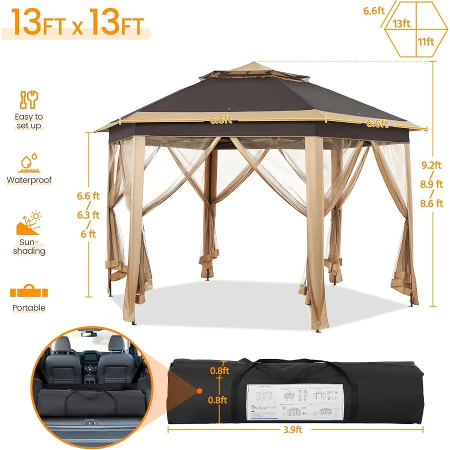 13x13 Pop Up Gazebo Double-Tier w/Mesh Netting Patio Canopy Brown