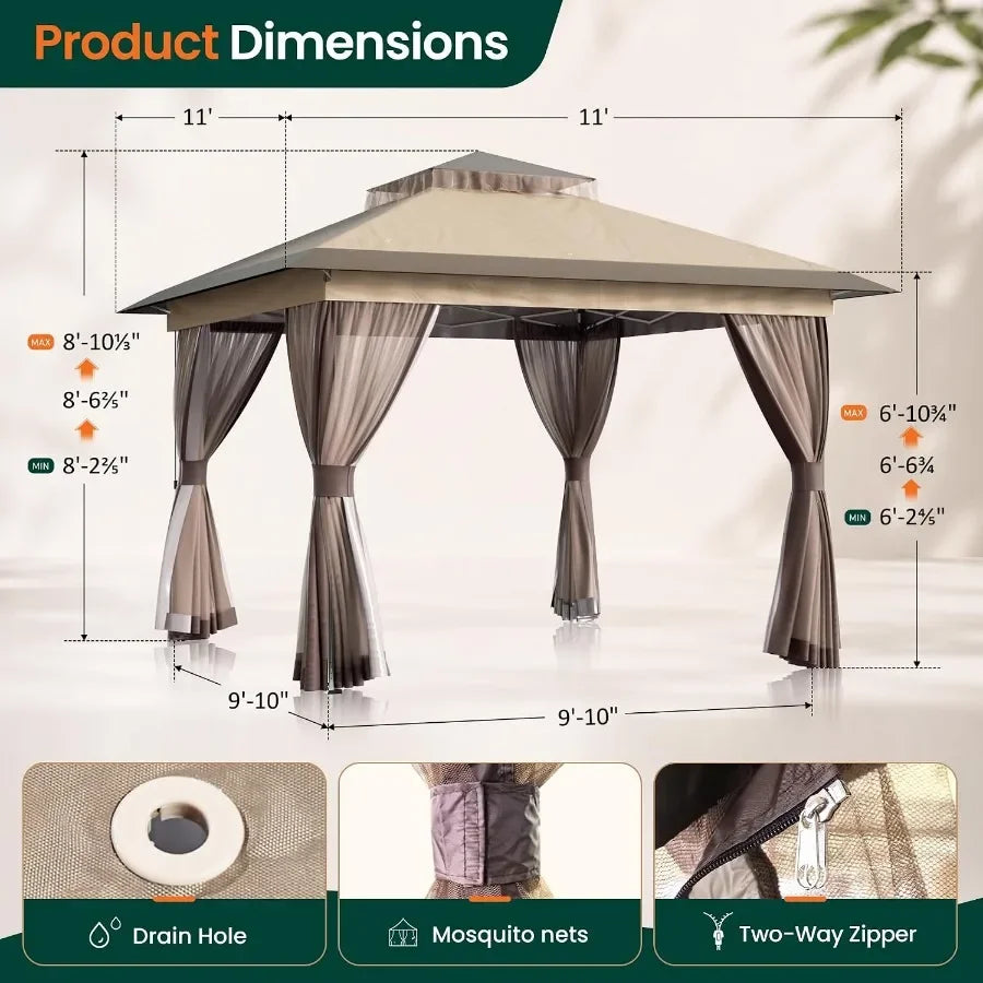 Pop Up Gazebo 11'x11' Canopy Tent, Outdoor Gazebo with Double Ventilated Roof, Waterproof UV Protection Pop Up Canopy with Mosq