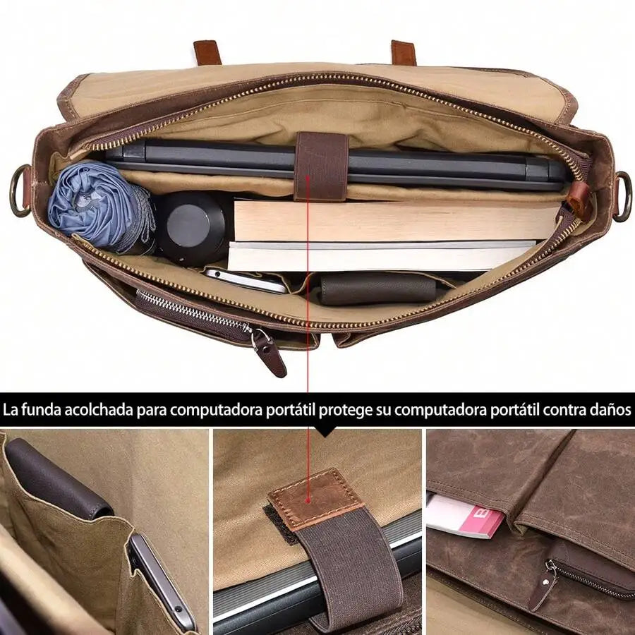 Men's Vintage Leather & Waxed Canvas Messenger Bag: Waterproof 15.6" Laptop Briefcase with Pencil Pouch. Rugged Satchel.