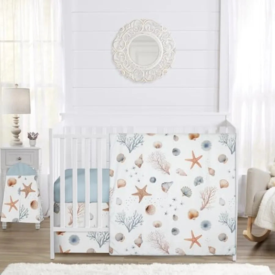 4-Piece Baby Crib Bedding Set Ocean Seashells for Boys or Girls Infants/Nursery incl. Blanket Fitted Sheet Skirt Diaper Stacker