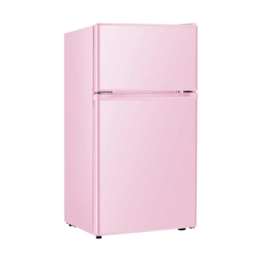 Mini fridge with freezer for bedroom, office, kitchen, apartment, dorm; pink compact refrigerator, 3.2 cu.ft, two-door design,