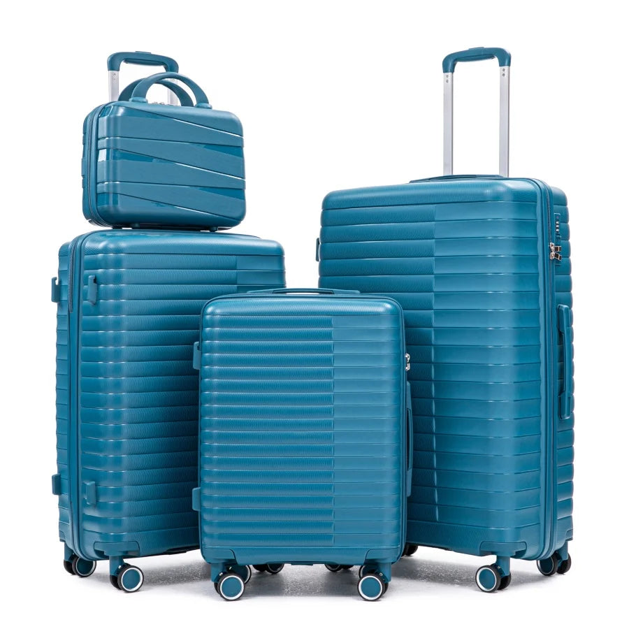 Carry on suitcase set for travel: PP spinner wheel luggage in blue, 14/20/24/28, iron pull rod, combination password lock, incl