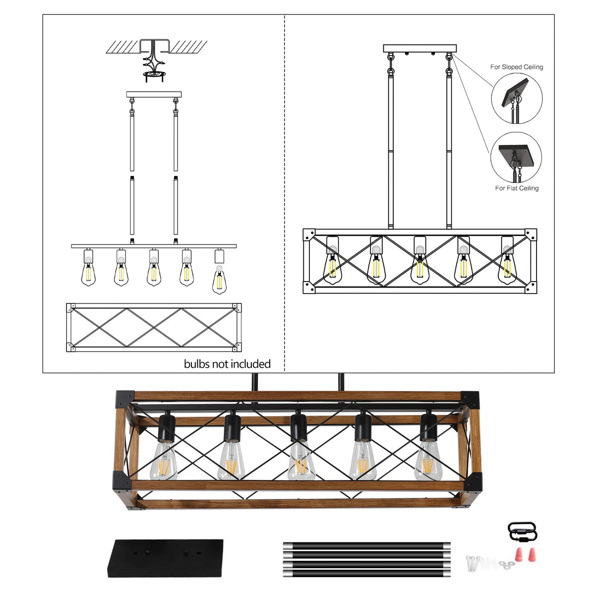 31“Industrial Farmhouse Rectangle Pendant Light - Wood & Iron Metal Frame, 5-Light E26 Bulb Chandelier for Dining Room, Kitchen