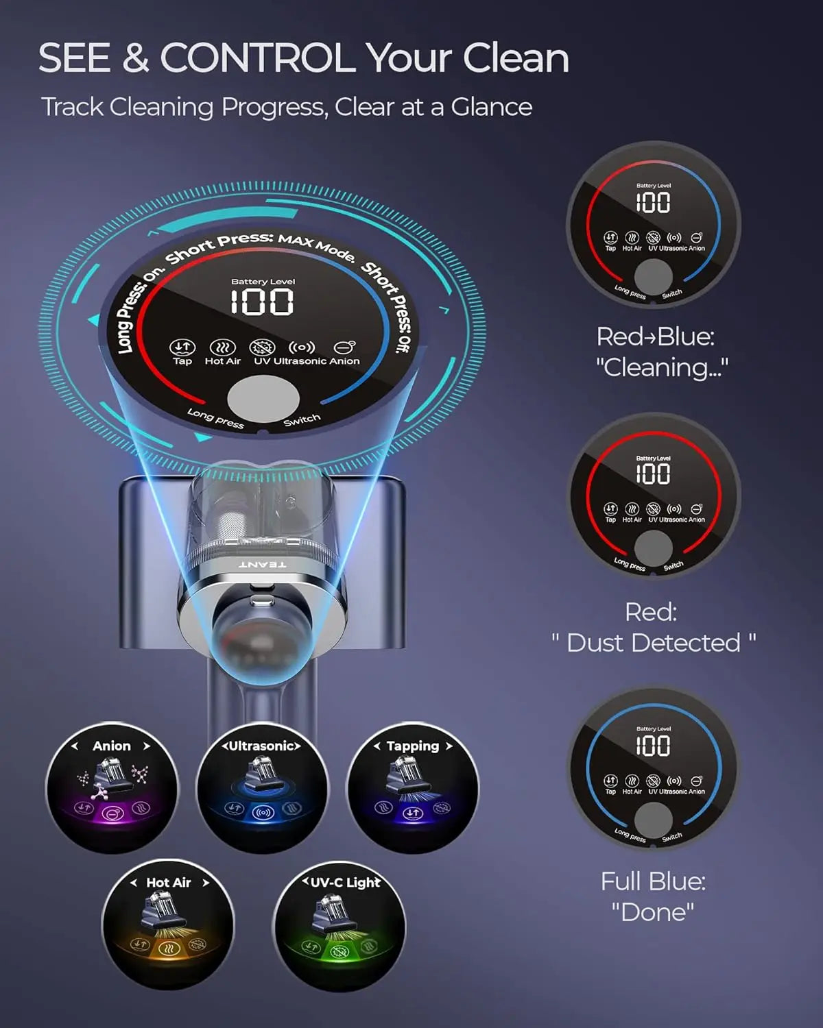 Cordless Mattress Vacuum with 18kPa Suction, UV-C Light, Heat & Aroma for Bed Sofa Cleaning