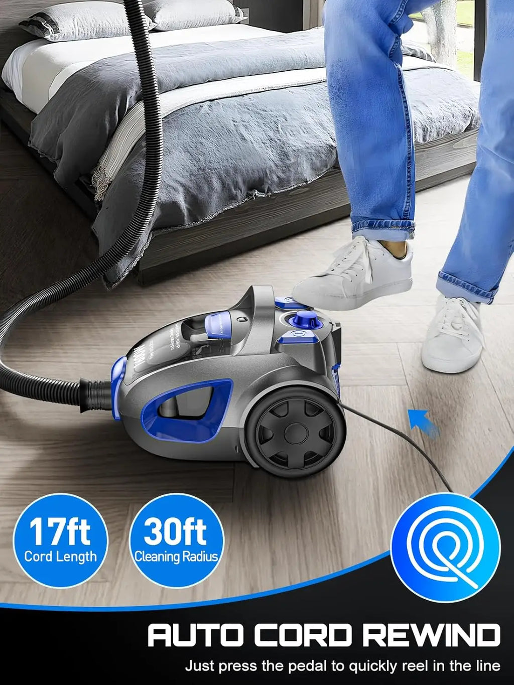40Kpa 1600W Bagless Canister Vacuum Cleaner, 3.7QT Dust Cup for Hard Floors, Carpets, Pet Hair