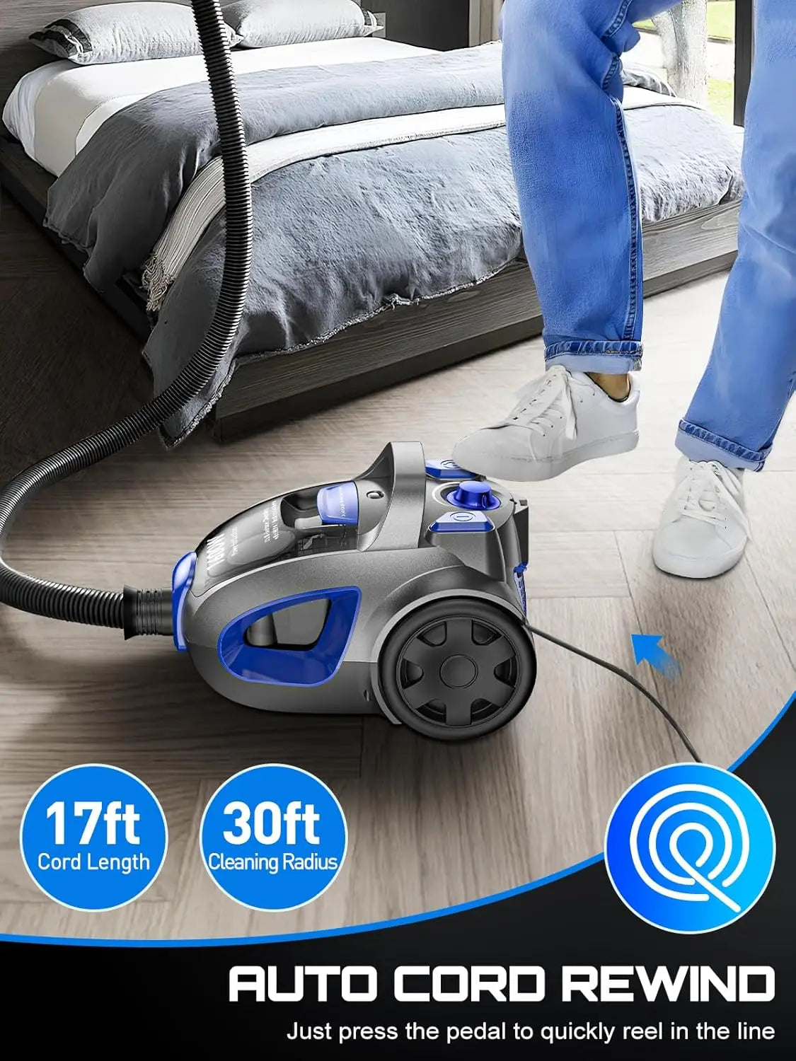 40Kpa 1600W Bagless Canister Vacuum Cleaner, 3.7QT Dust Cup for Hard Floors, Carpets, Pet Hair