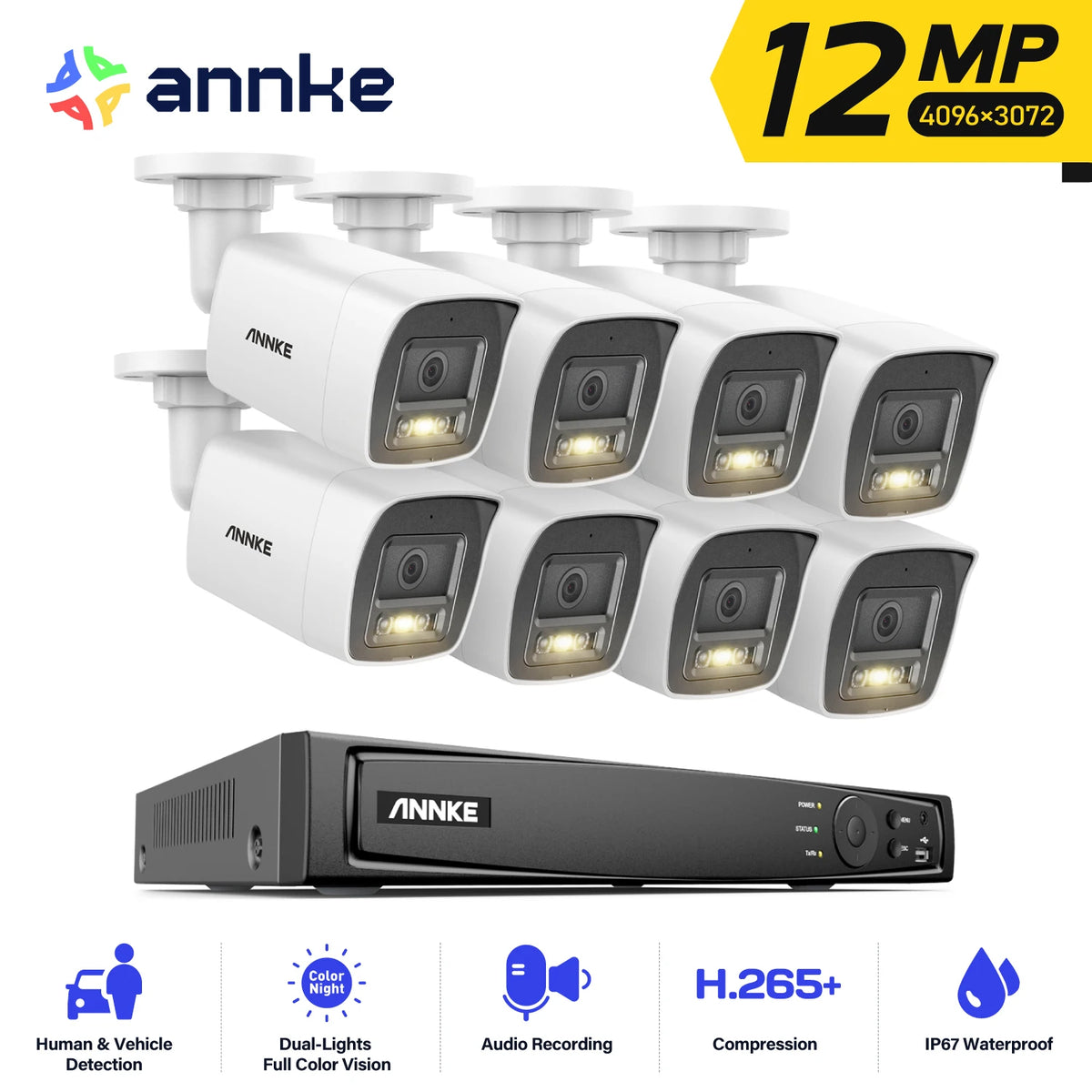 ANNKE 4K Ultra HD POE Video Surveillance System 8CH H.265+ NVR With 12MP Security Cameras CCTV Kit Audio Recording 8MP IP Camera