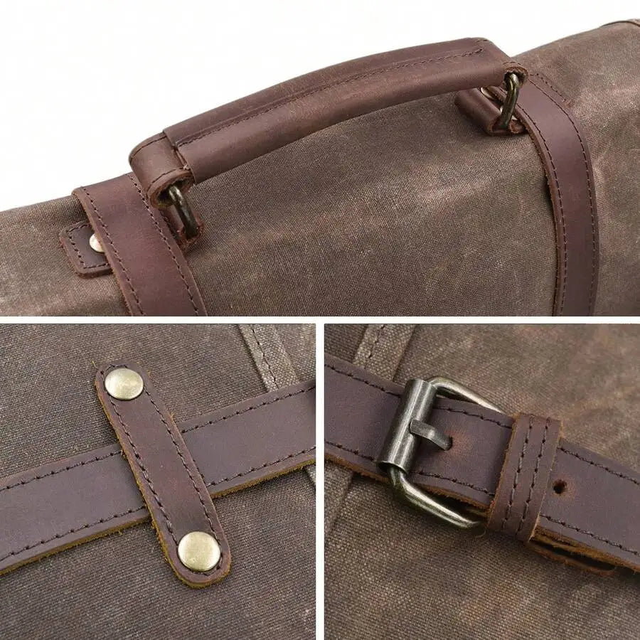 Men's Vintage Leather & Waxed Canvas Messenger Bag: Waterproof 15.6" Laptop Briefcase with Pencil Pouch. Rugged Satchel.