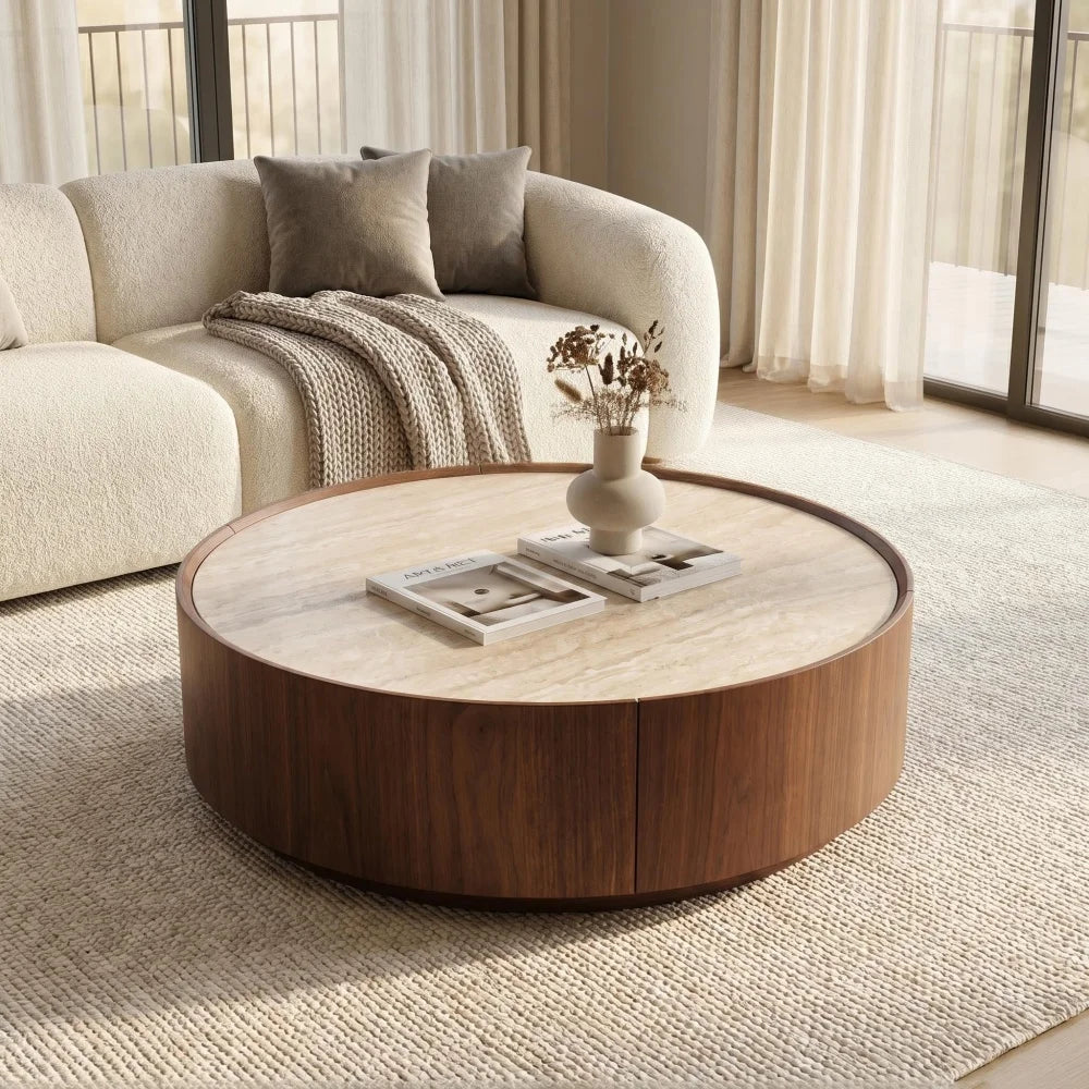 Round Coffee Table, with A Sintered Stone Top Featuring Inlaid Details and Natural Walnut Veneer, Incorporating Storage Space