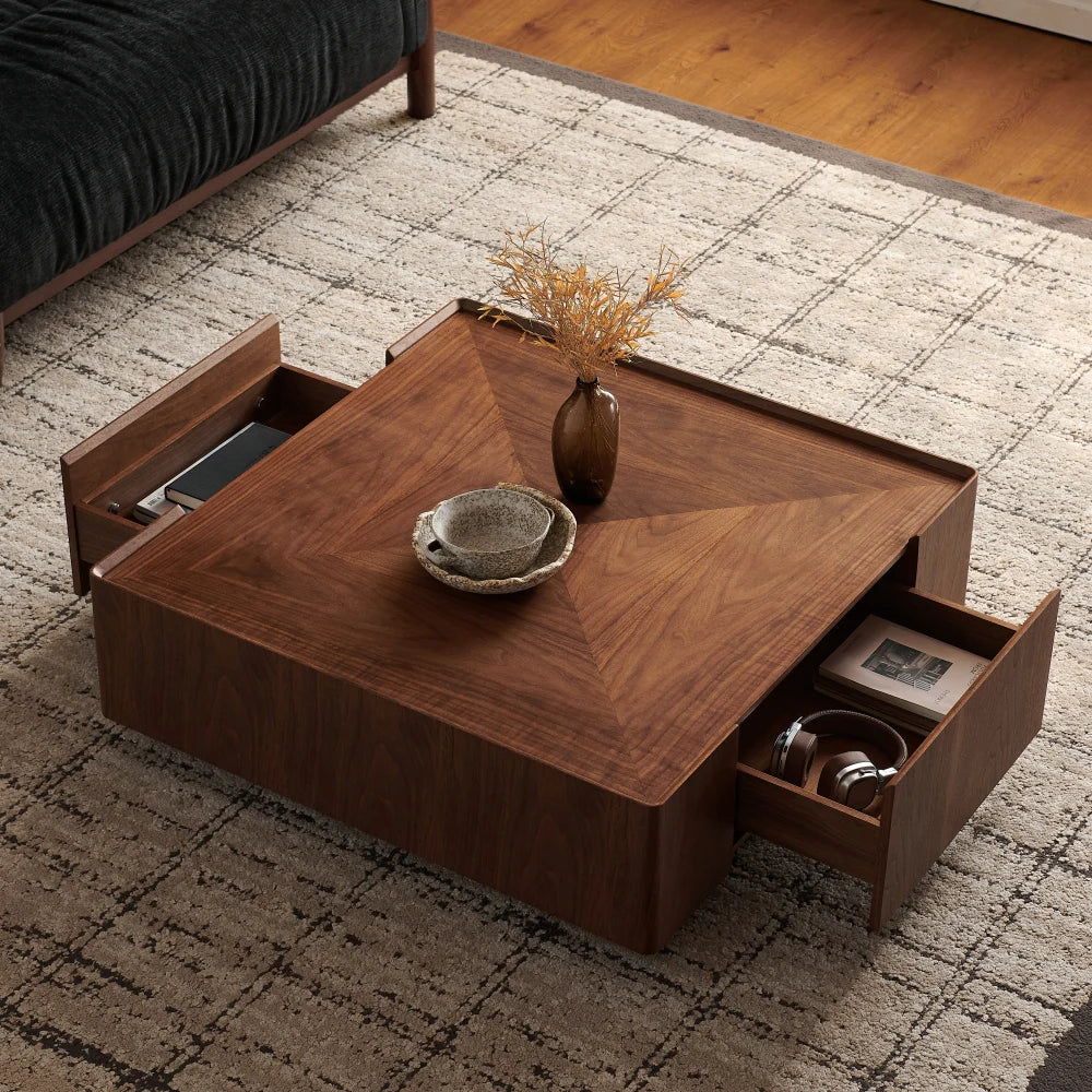 Square Walnut Wood Coffee Table, Modern Center Table for Living Room, Bedroom and Office, Home Decor Tea Table Café Furniture
