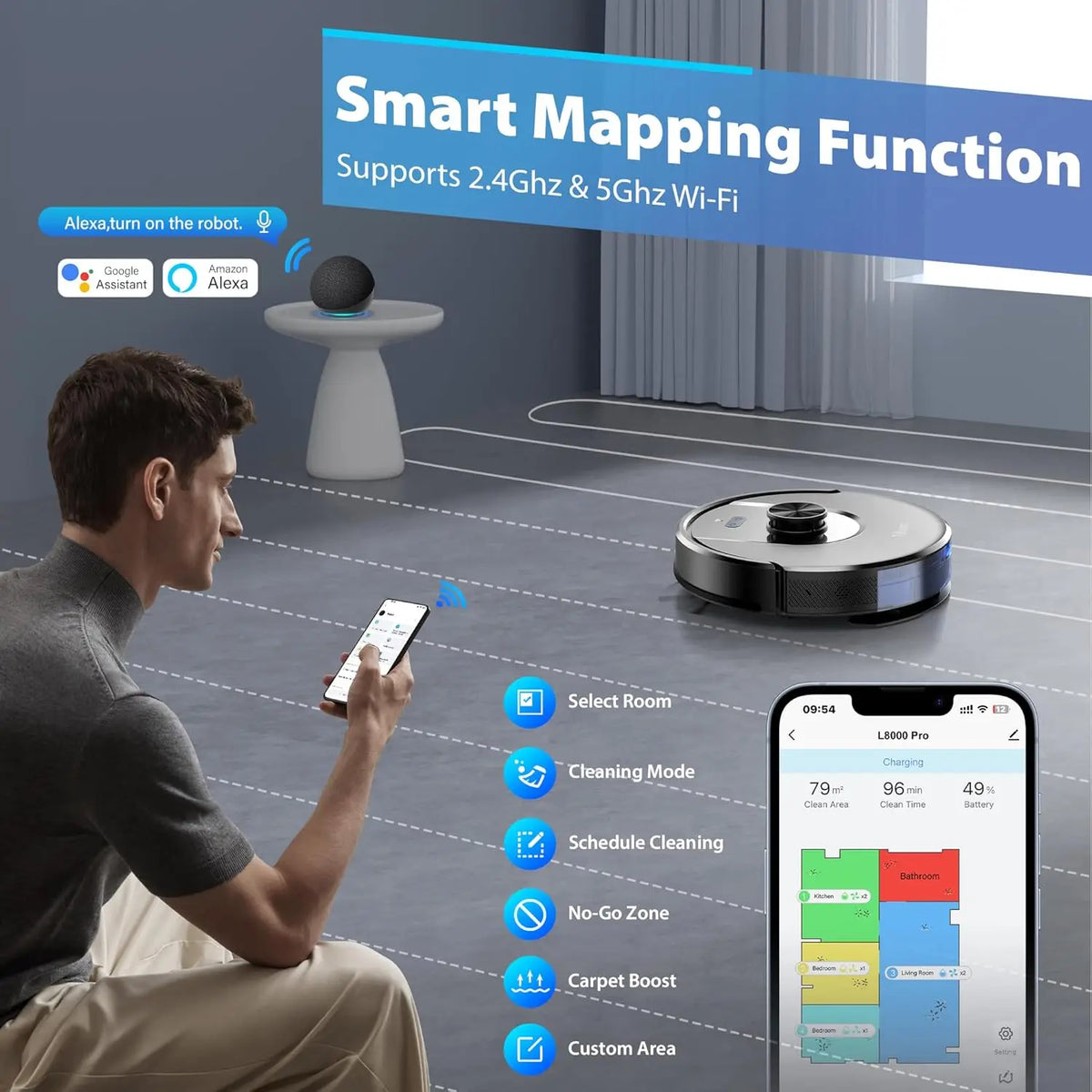 Automatic Robotic Vacuum Cleaner with Mop, 6000Pa Strong Suction, Smart Mapping, Ideal for Pet Hair and All Floors