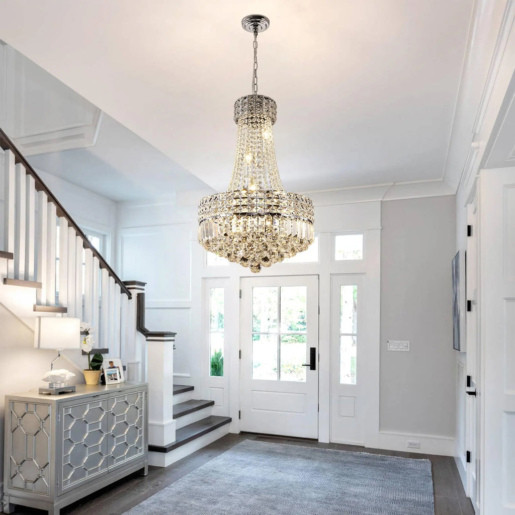 Chrome Modern Crystal Chandeliers Light Fixture,6-Light Empire Style K9 Crystal Chandeliers for Entryway