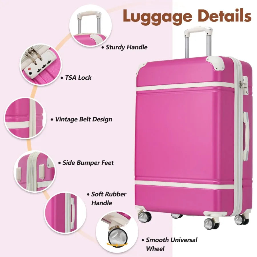 Hardshell luggage sets for travel: lightweight pink suitcases with double spinner wheels, TSA lock, and vintage design in 24 IN