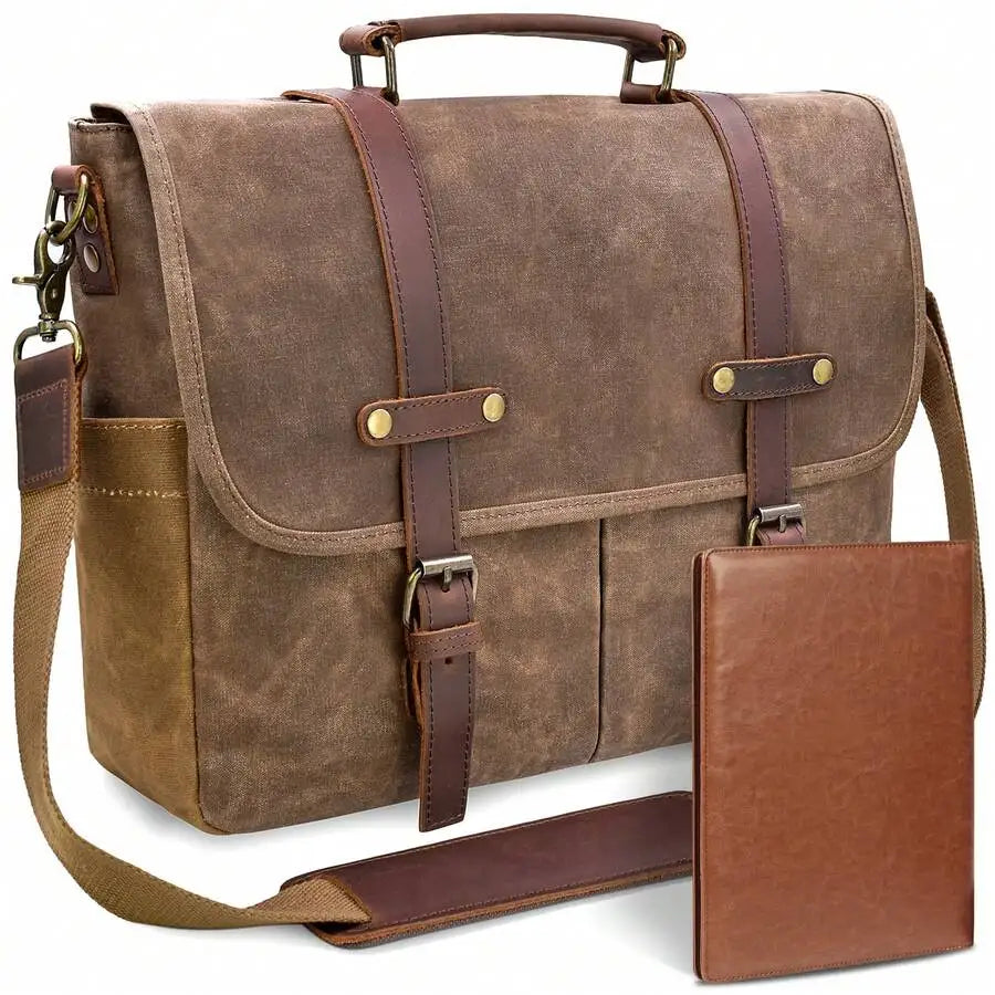 Men's Vintage Leather & Waxed Canvas Messenger Bag: Waterproof 15.6" Laptop Briefcase with Pencil Pouch. Rugged Satchel.