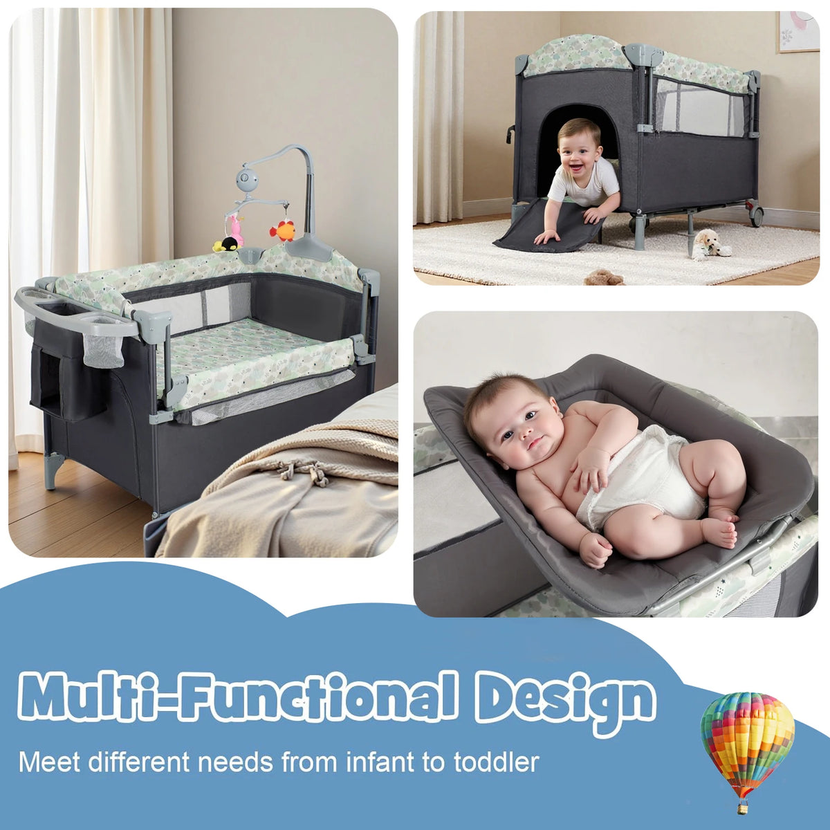 Pack n Play,Playard Bassinet with Changing Table Lockable Wheels Music Box Pack and Play Foldable Playard for Infant to Toddler