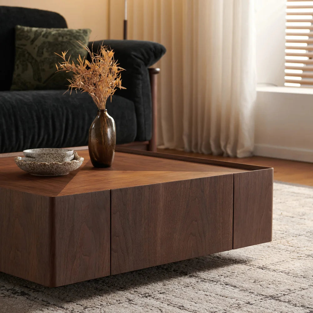 Square Walnut Wood Coffee Table, Modern Center Table for Living Room, Bedroom and Office, Home Decor Tea Table Café Furniture