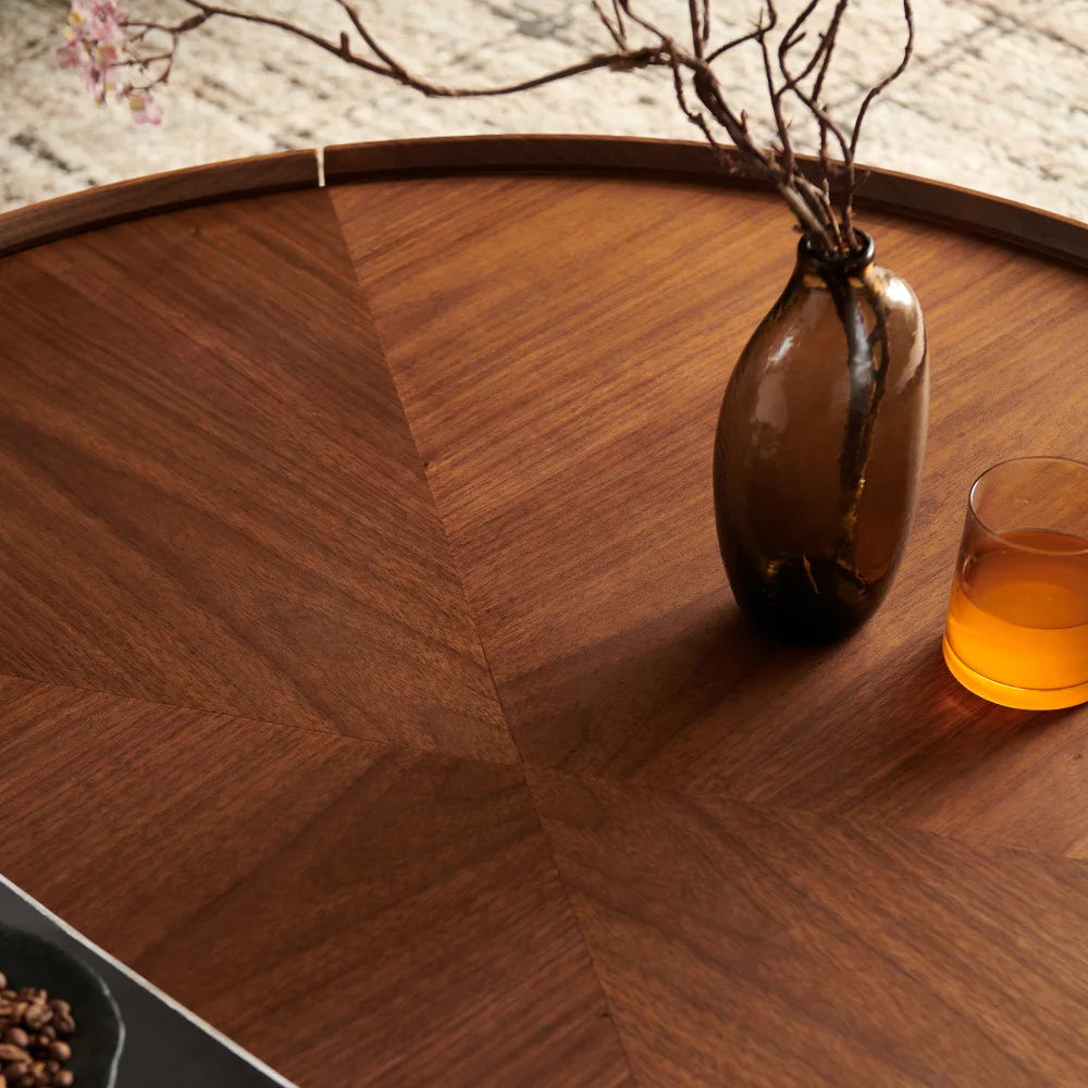 Vintage Round Walnut Wooden Coffee Table, Modern Center Table for Living Room & Office, High-end Tea Table Home Furniture FYCT