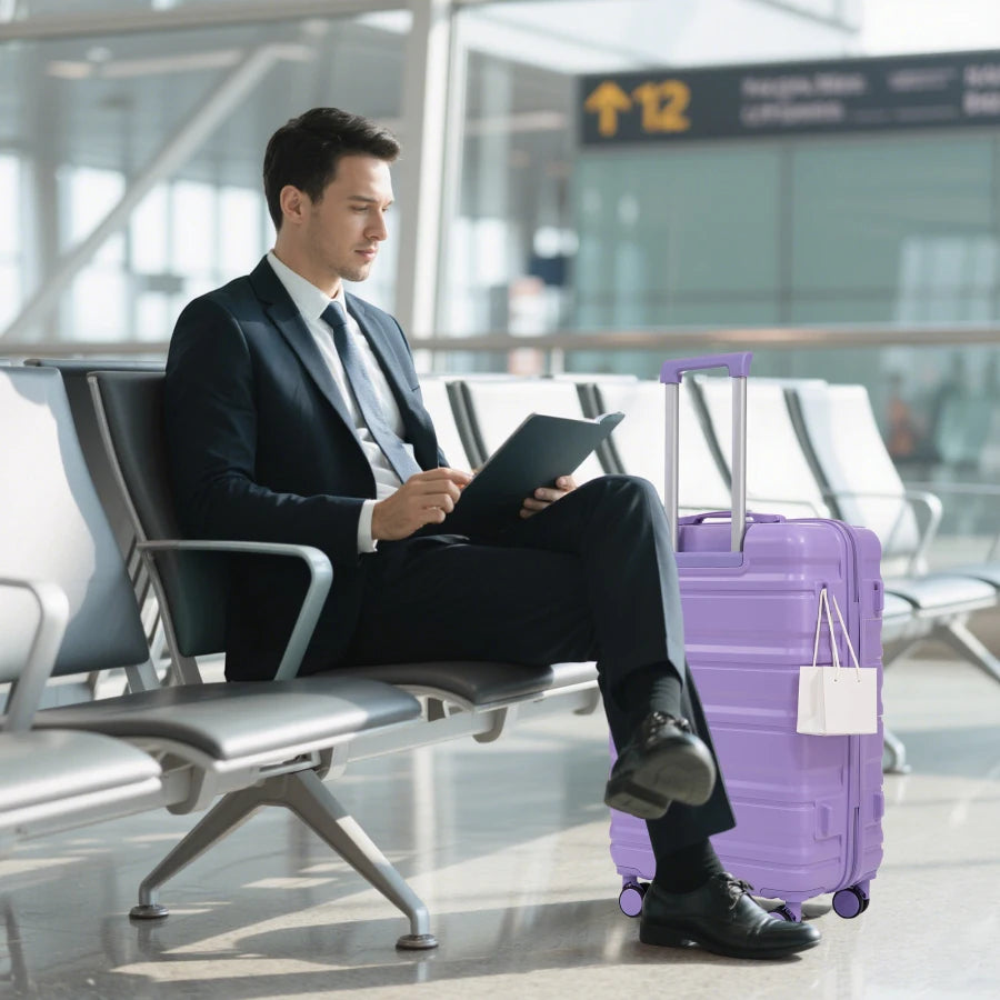 Tourist carry-on luggage set for travel, ABS material, blue+purple matching colors, spinner wheels and combination lock