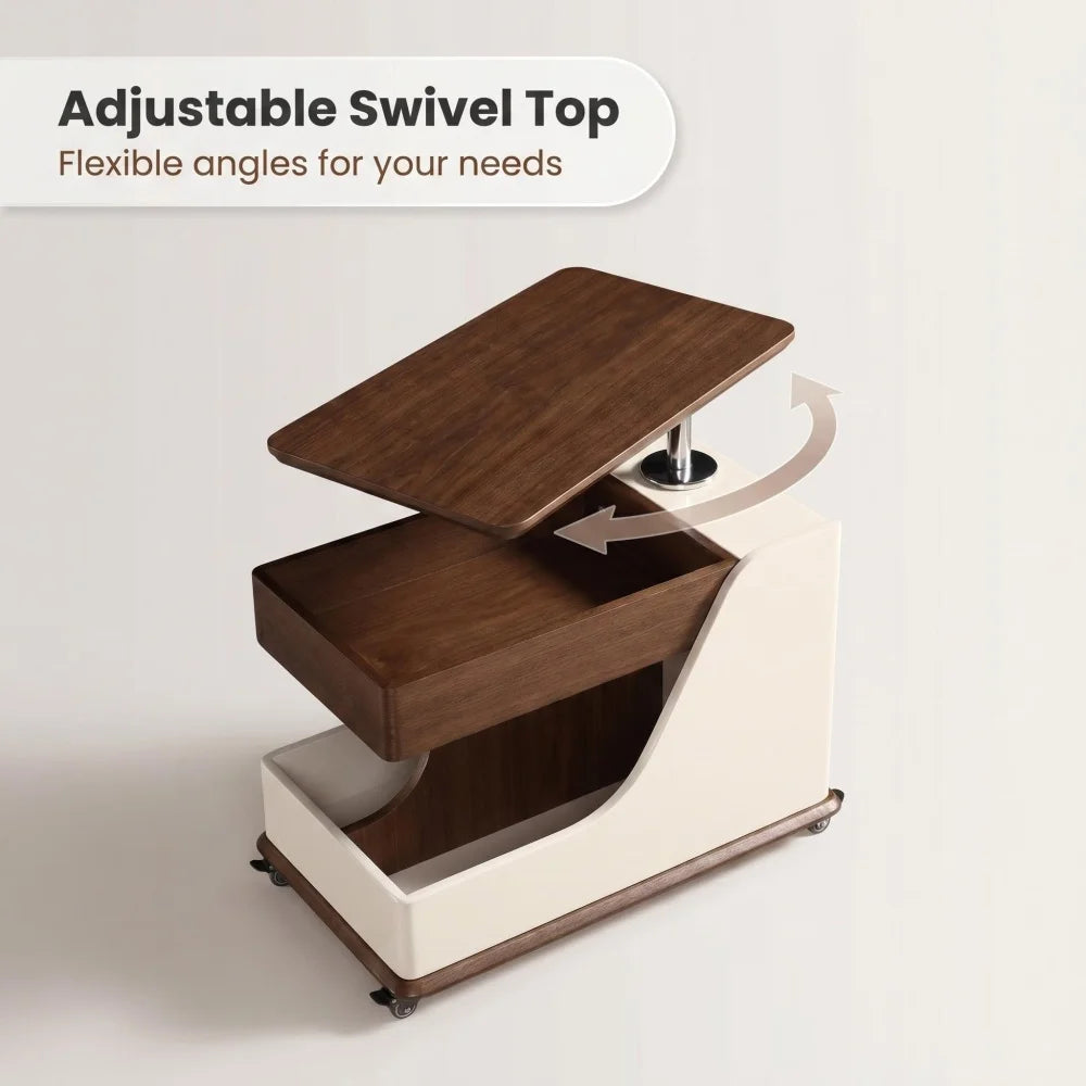 Height Adjustable Side Table Coffee Table, Portable End Table with Storage Compartments, for Living Room Balcony Bedroom FYCT
