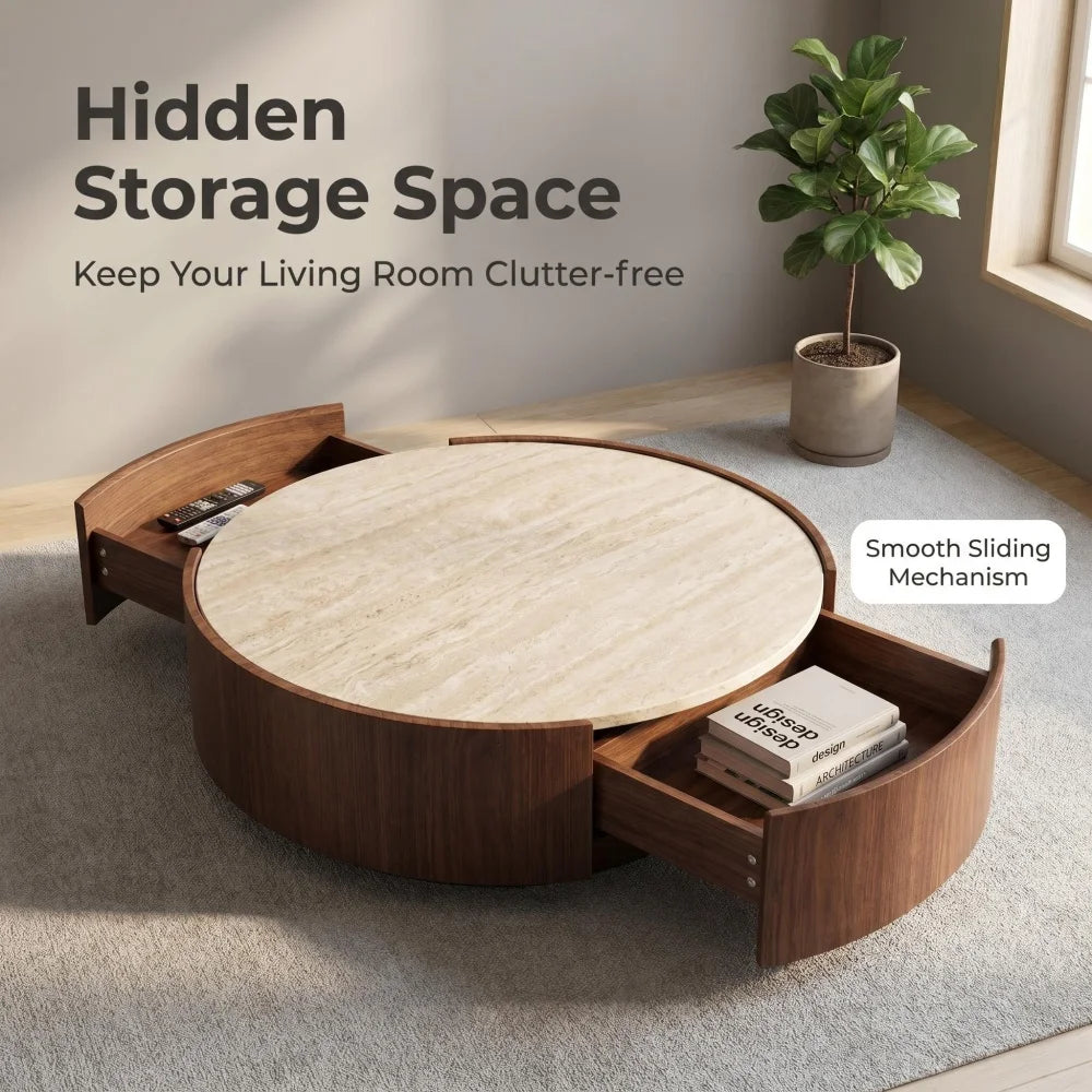 Round Coffee Table, with A Sintered Stone Top Featuring Inlaid Details and Natural Walnut Veneer, Incorporating Storage Space