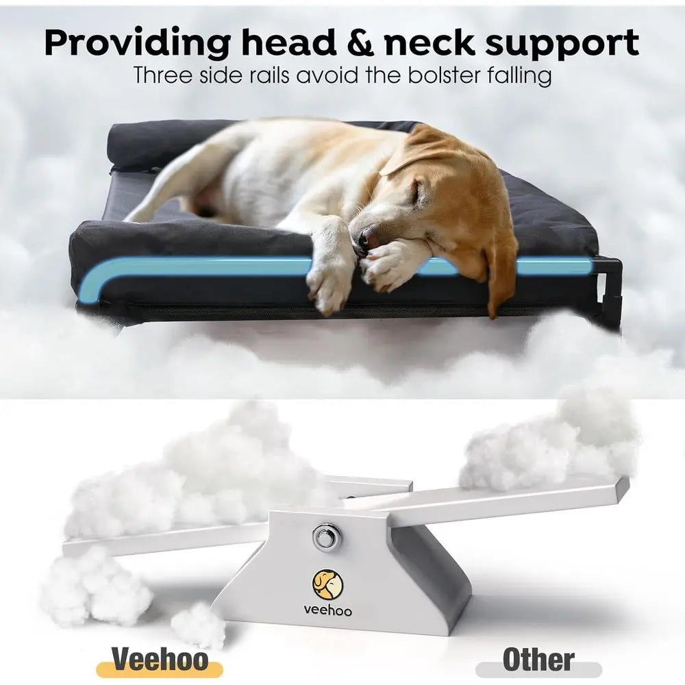 Veehoo Elevated Raised Dog Bed-Cooling Outdoor Dog Cot Bed for Large Sized Dogs Three-Sided Fence Raised Pet Cot with Mesh & No-