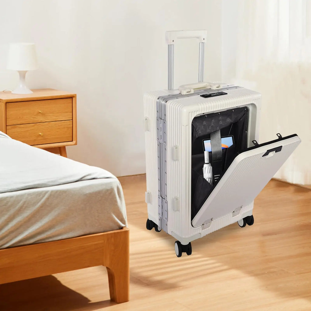 Carry On Luggage, 20" Zipperless Luggage, Hard Shell Suitcase with Front Pocket, Cup Holder and Locks, White
