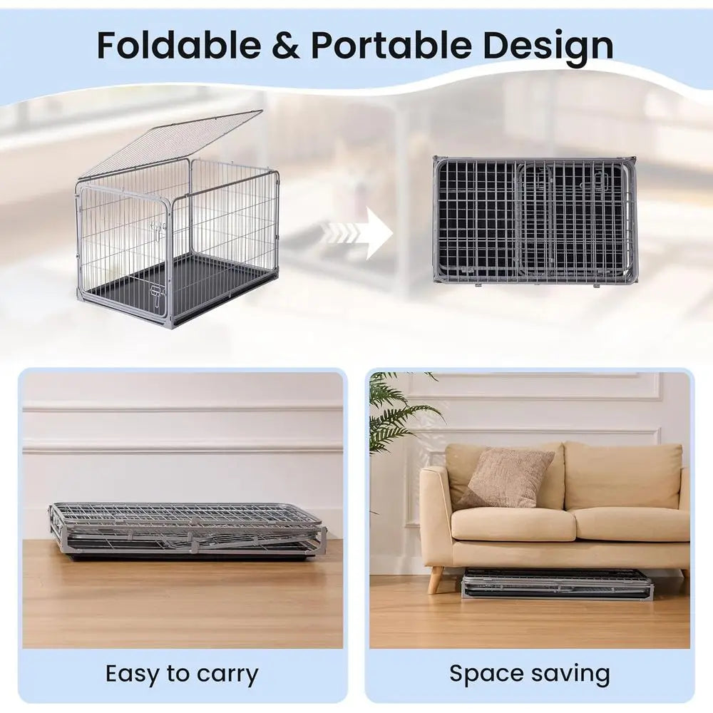 36 Inch Metal Dog Crate with Double Door, Foldable, Removable Tray, Suitable for Medium Dogs, Indoor/Outdoor, Silver Gray