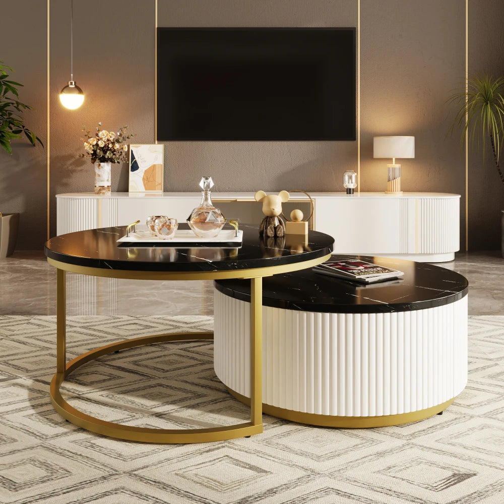 31.5'' Modern Round Fluted Nesting Coffee Table with Storage Drawer, White & Gold Accent Side Table for Living Room Home Decor