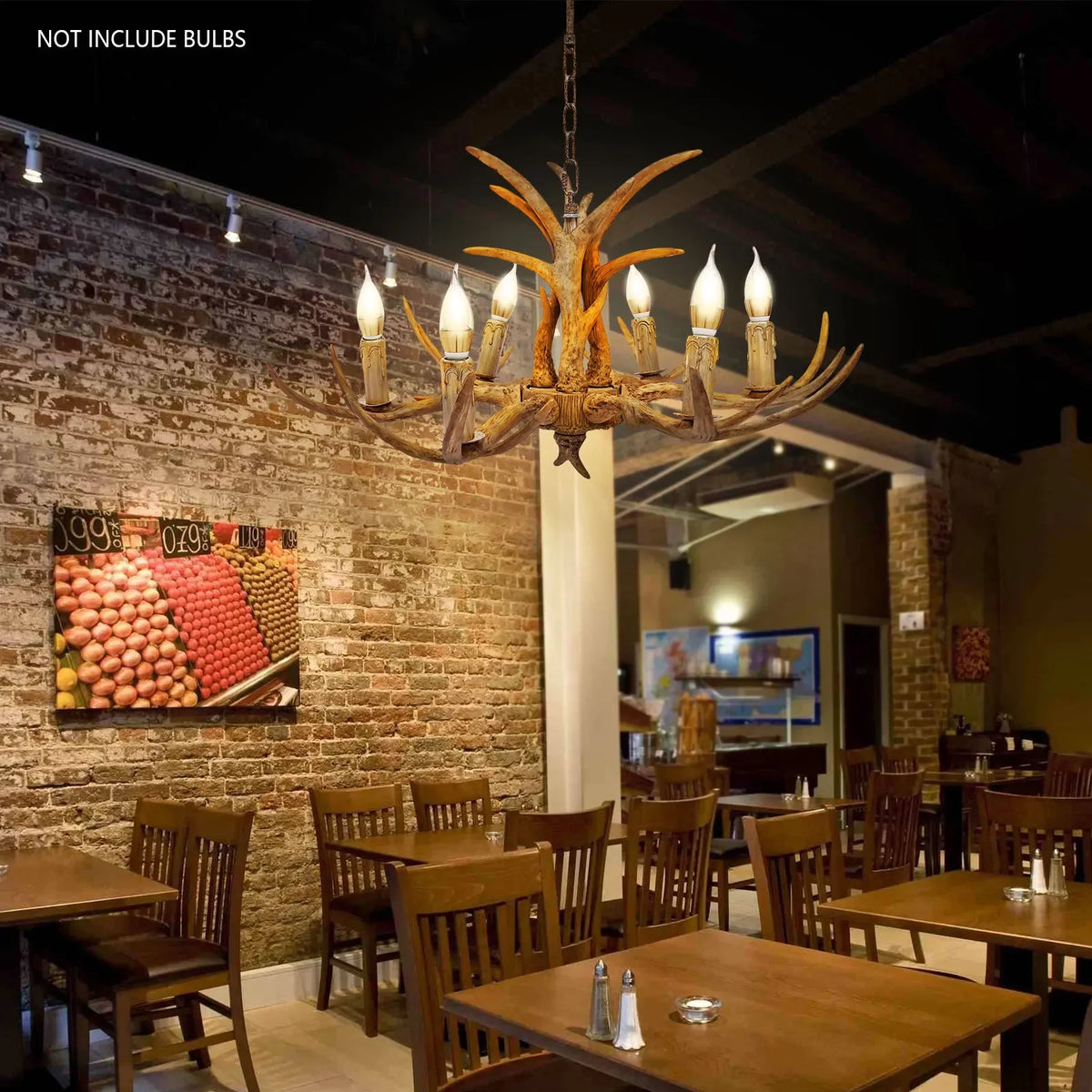 Rustic Antler Chandelier 6 Lights,Farmhouse Chandeliers with Resin 6Antlers and Retro Metal Wagon Wheel Chandelier Vintage Style